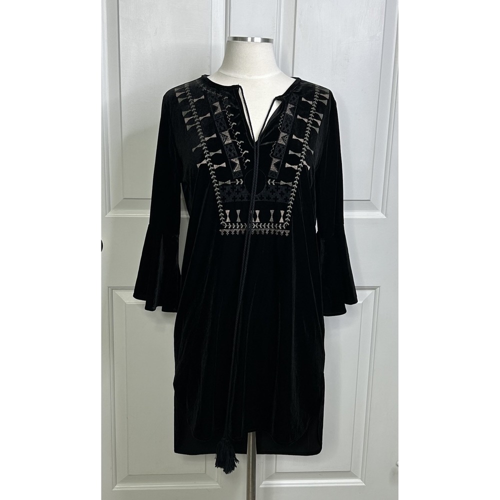 Paparazzi Velour Mini Dress / Tunic Top Womens S Black + Tan Embroidered Tassels